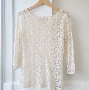 Ann Taylor Loft Cream Lace 3/4 Length Blouse